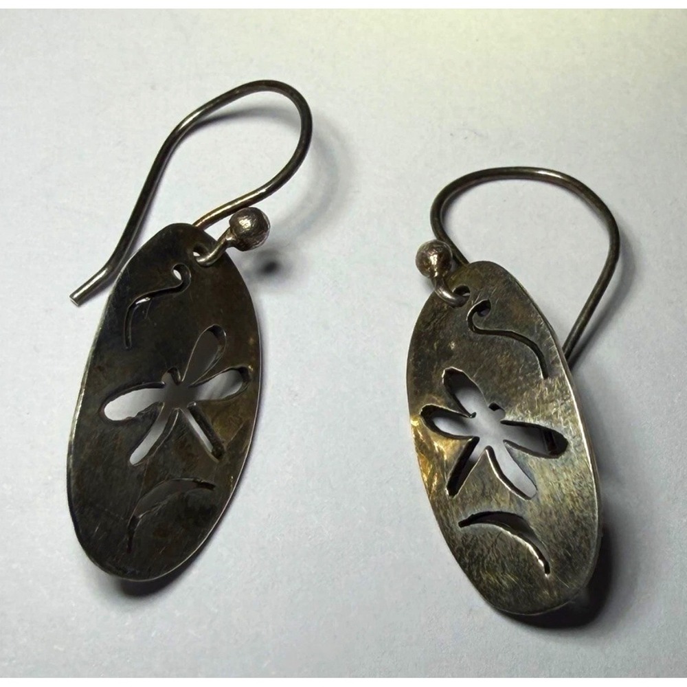 Sterling Silver 925 Dragonfly Cutout Oval Drop Earrings Artisan Nature Jewelry